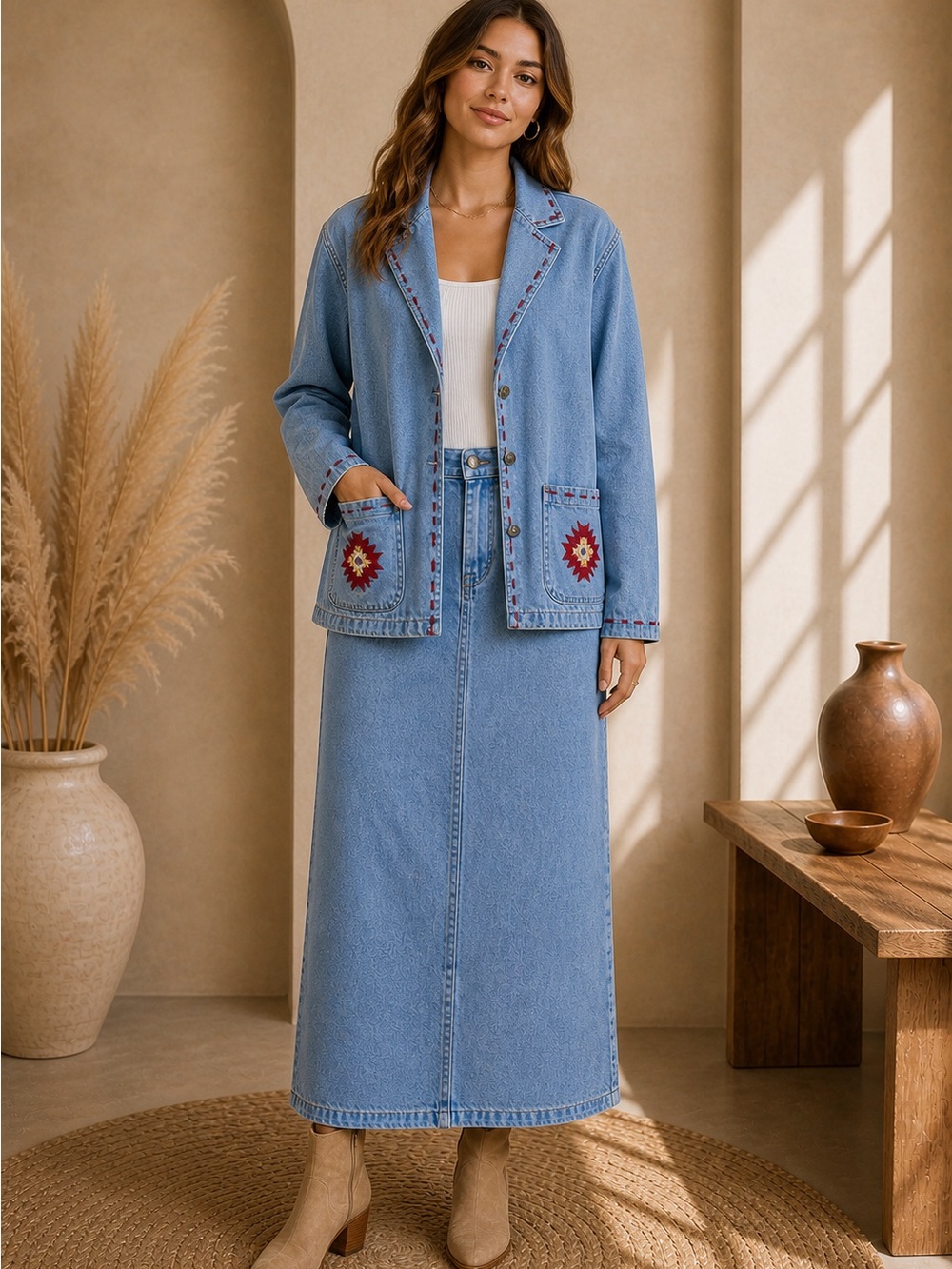 CERVELLE Vintage Denim Jacket Skirt Set Embroidered Western Boho Aztec Large EUC